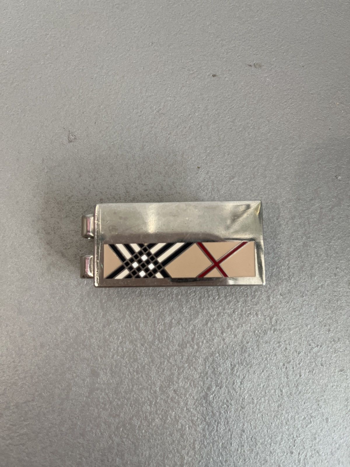 image of Burberry Silver-Tone Wide Nova-Check-Patterned Tie Bar, Men's