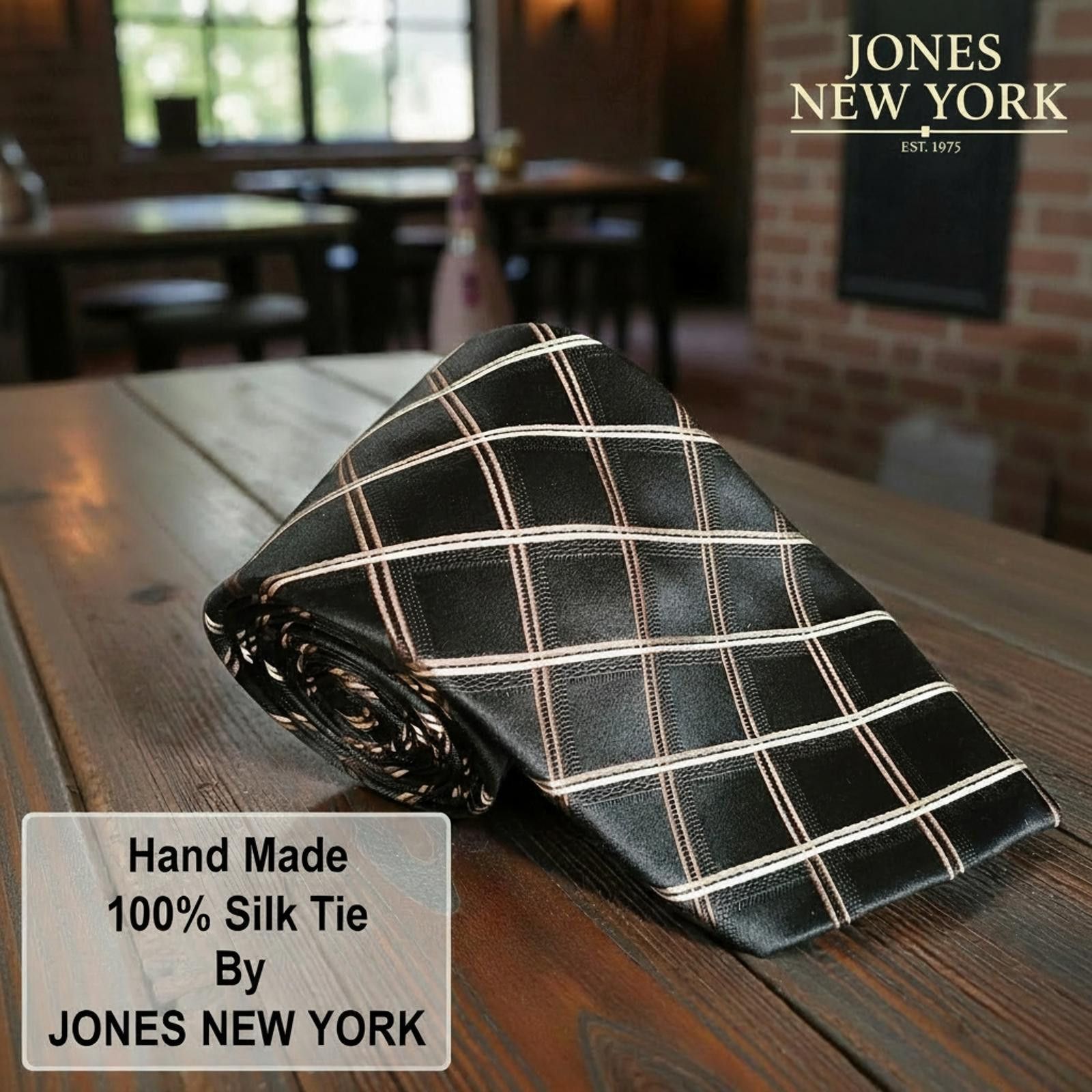 Jones New York Jones New York Handmade 100% Silk Black Plaid Tie Size ONE SIZE - 1 Thumbnail