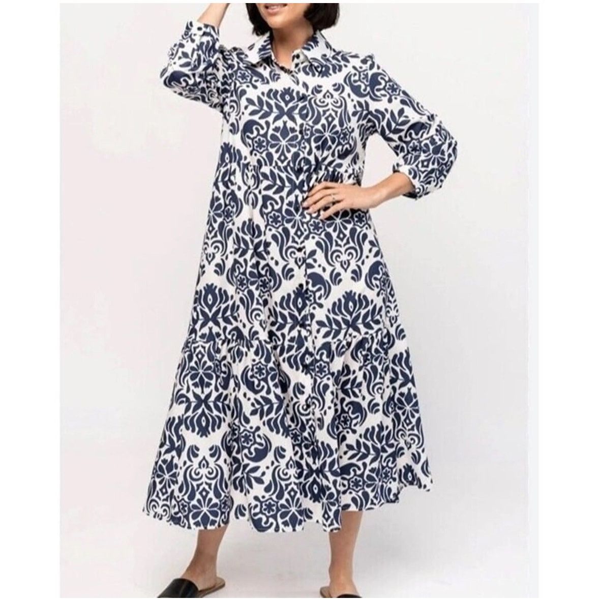 Zara Zara Navy White Damask Print A-Line Midi Shirt Dress | Grailed