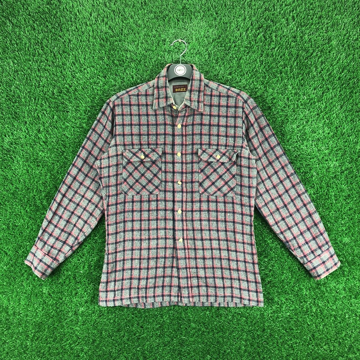 Flannel Vintage 80's Wool Flannel Checkered Double Pocket by Bazz Size US S / EU 44-46 / 1 - 1 Thumbnail