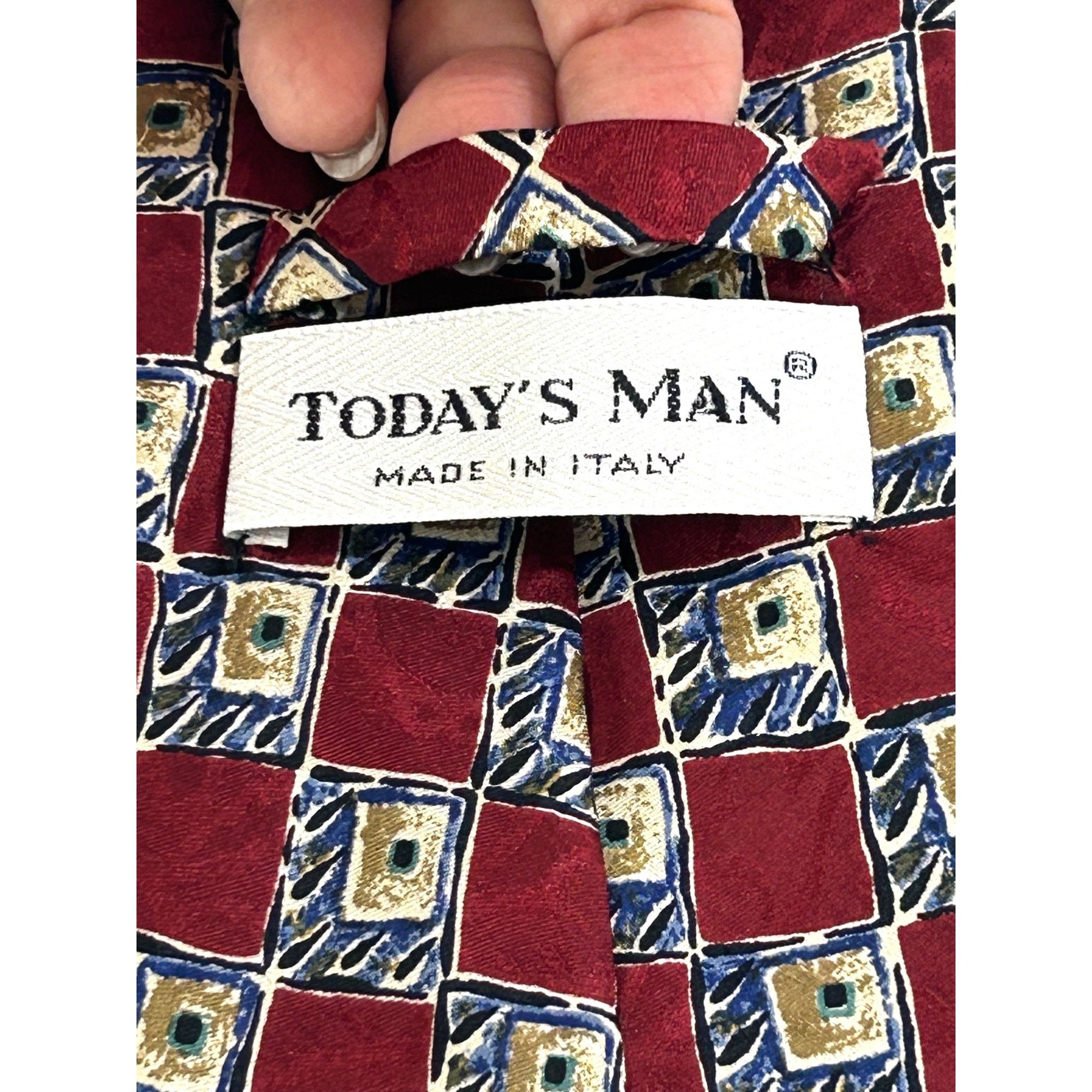 Other Today’s Man Silk Tie Vtg 90s Italy Geometric Checkered Burgu Size ONE SIZE - 13 Thumbnail