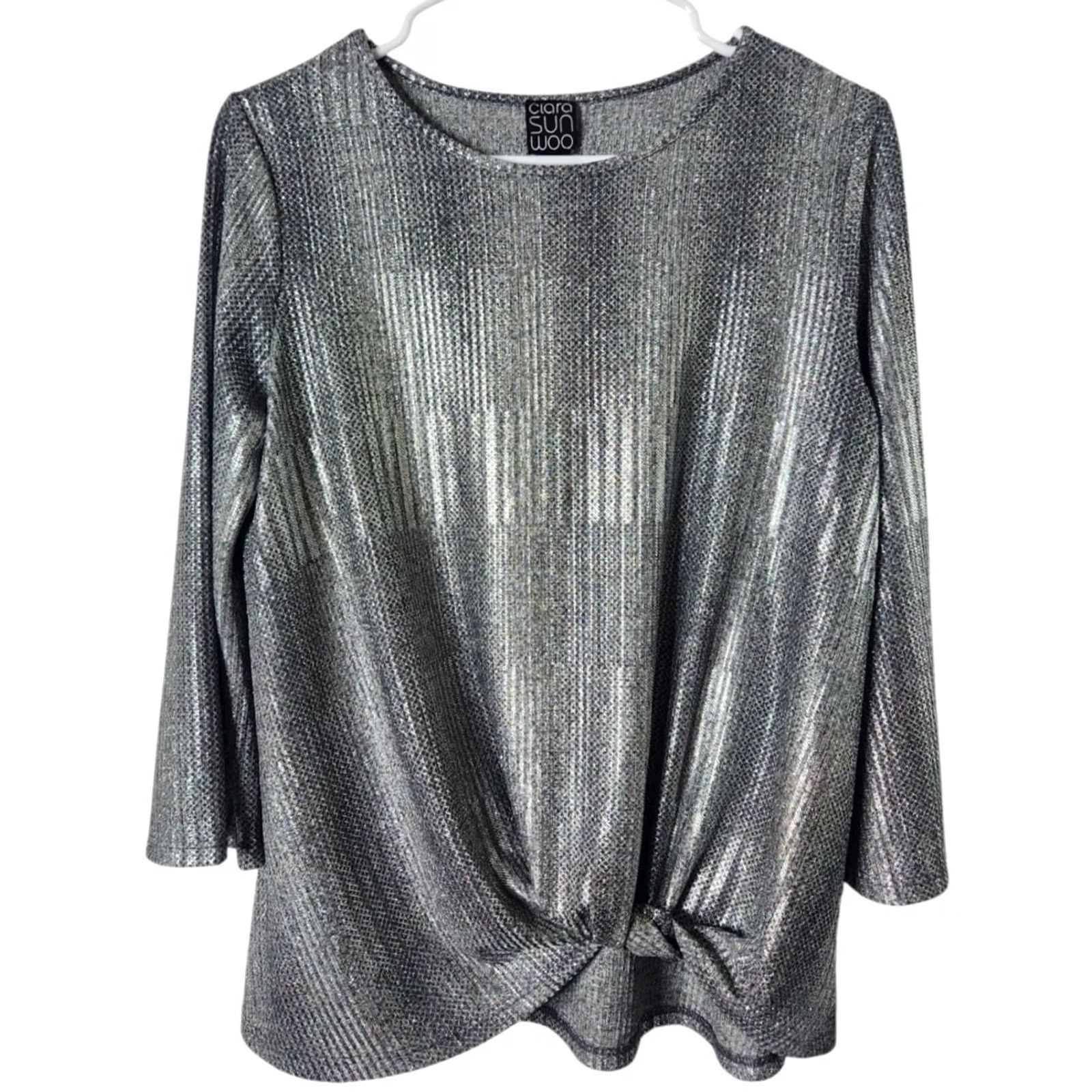 Vintage Clara Sun Woo Womens XS Shiny Metallic Top 3/4 Sleeve Silver Blouse Shirt Size XS / US 0-2 / IT 36-38 - 2 Thumbnail