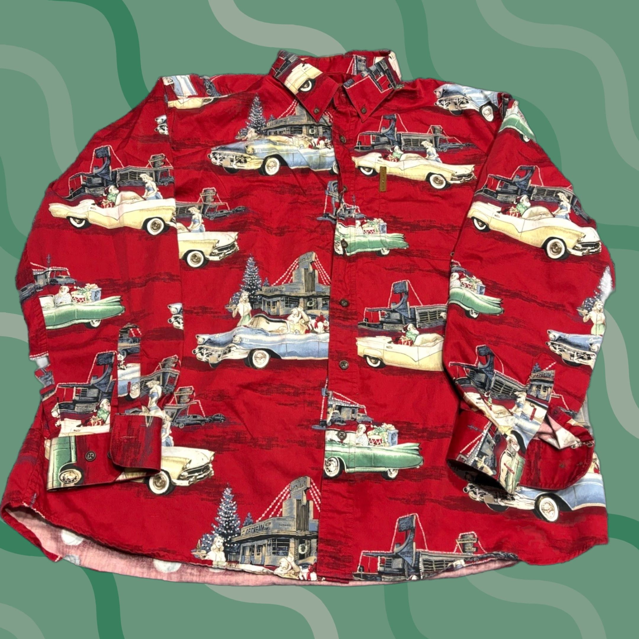 Vintage CLEARWATER Shirt All Over Print Retro Santa Driver Cadillac XL Red Cotton Twill Button-Up Long Sleeve Casual Mens Size US XL / EU 56 / 4 - 1 Thumbnail
