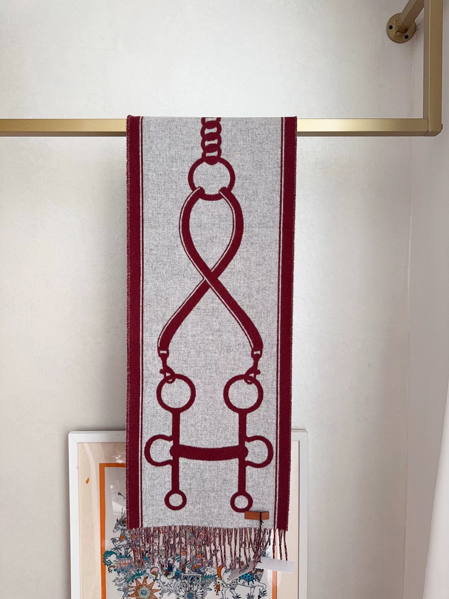Hermes Hermes Casaque Mors cashmere light gray/Hermes red 30x160cm Size ONE SIZE - 8 Thumbnail