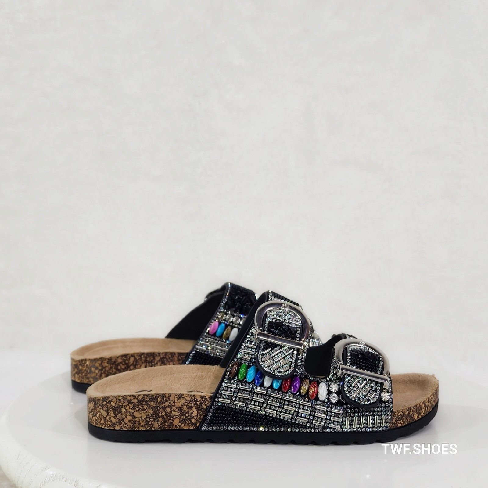 Other Zany Double Buckle Strap Rhinestone Beaded Slip on Mule Sand Size US 8 / IT 38 - 2 Thumbnail