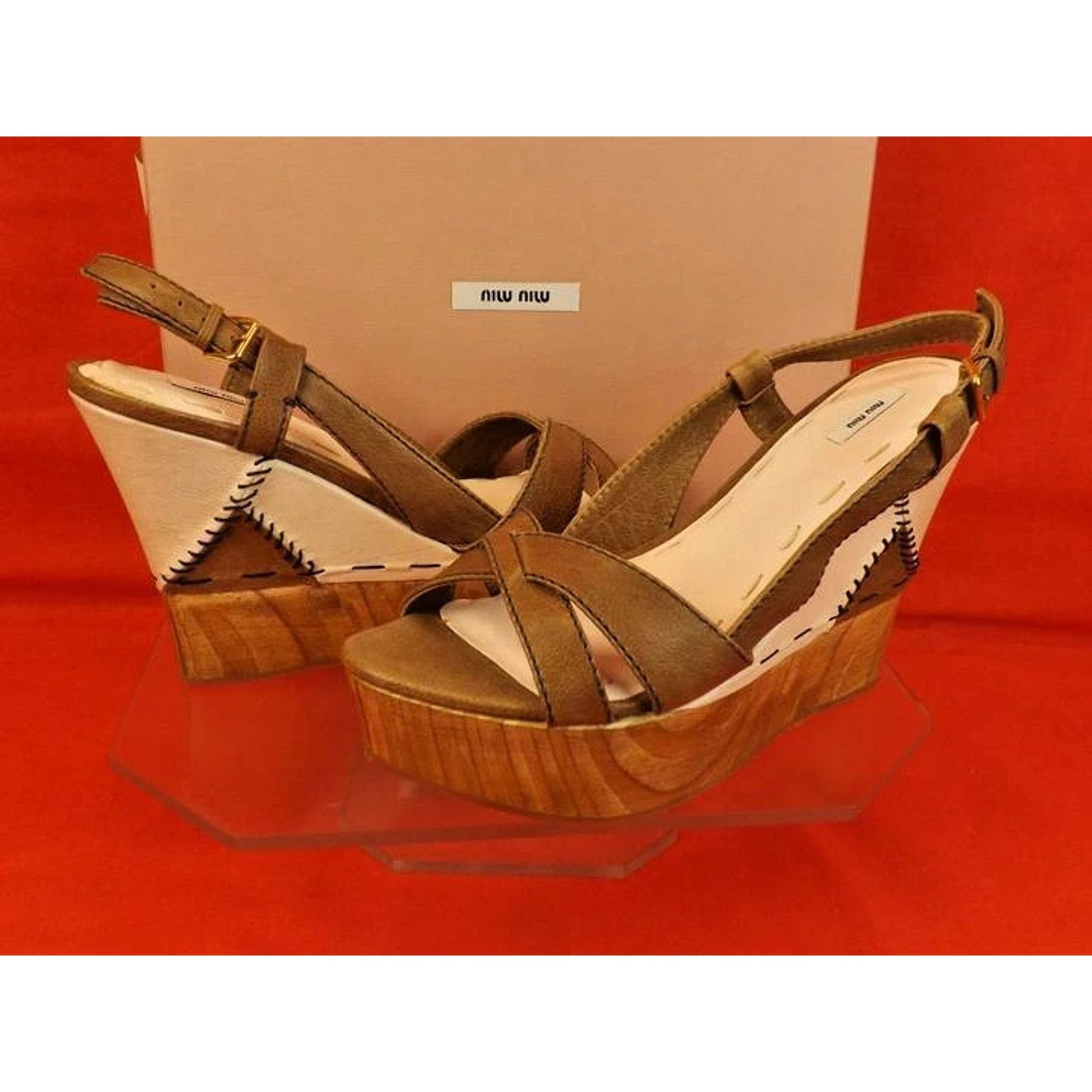 Miu Miu MIU MIU PRADA BROWN TEXTURE LEATHER WOODEN SANDALS PUMPS 40 Size US 10 / IT 40 - 3 Thumbnail