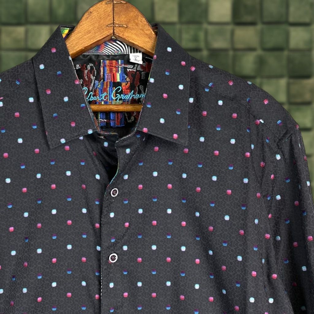 Robert Graham Shirt Mens Long Button-Up Black Polka Dot Trippy Psychedlic L Large