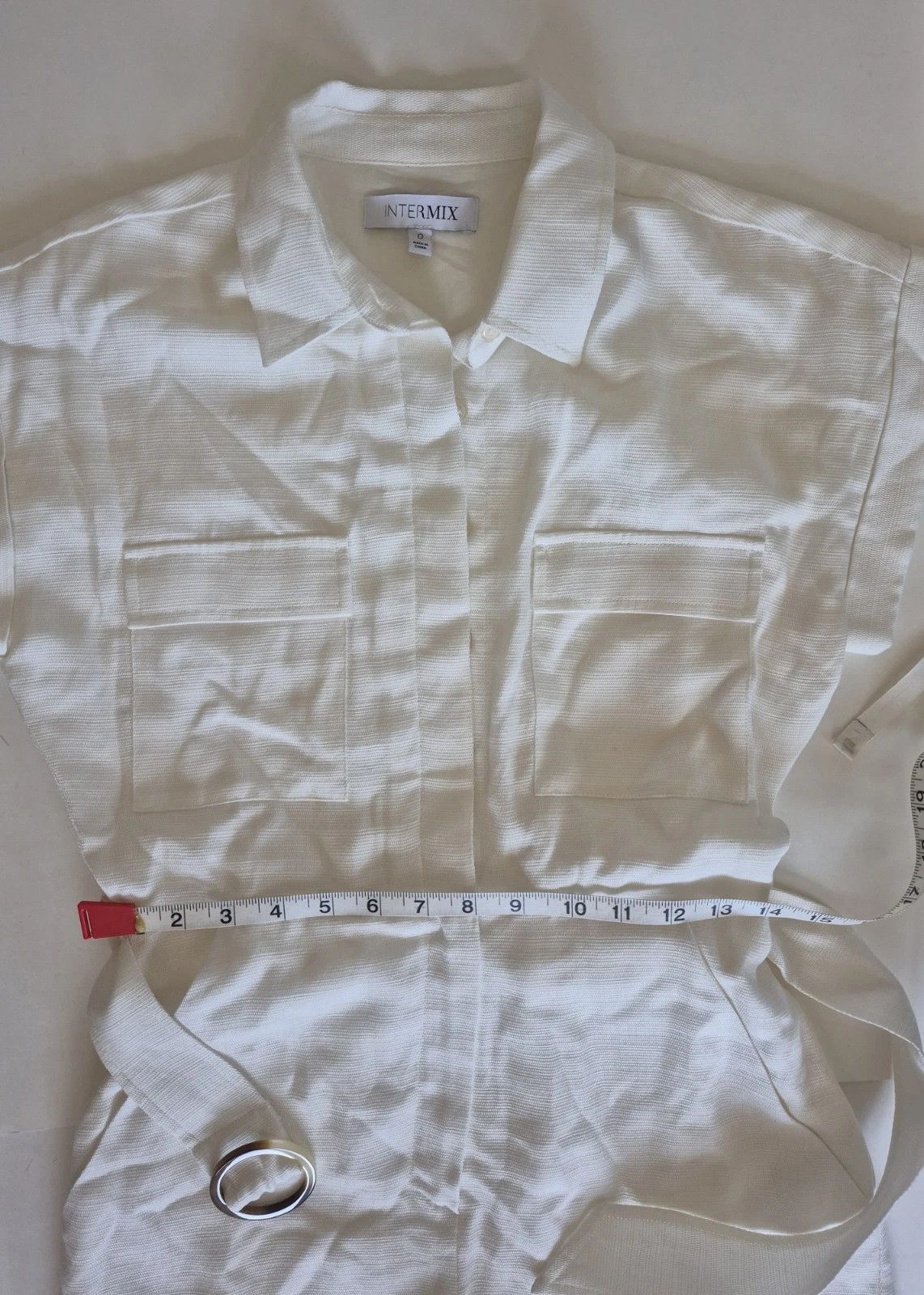 INTERMIX Playsuit Romper Ivory Short Sleeve Collared Button Up Belted Size 25" / US 0 / IT 36 - 8 Thumbnail