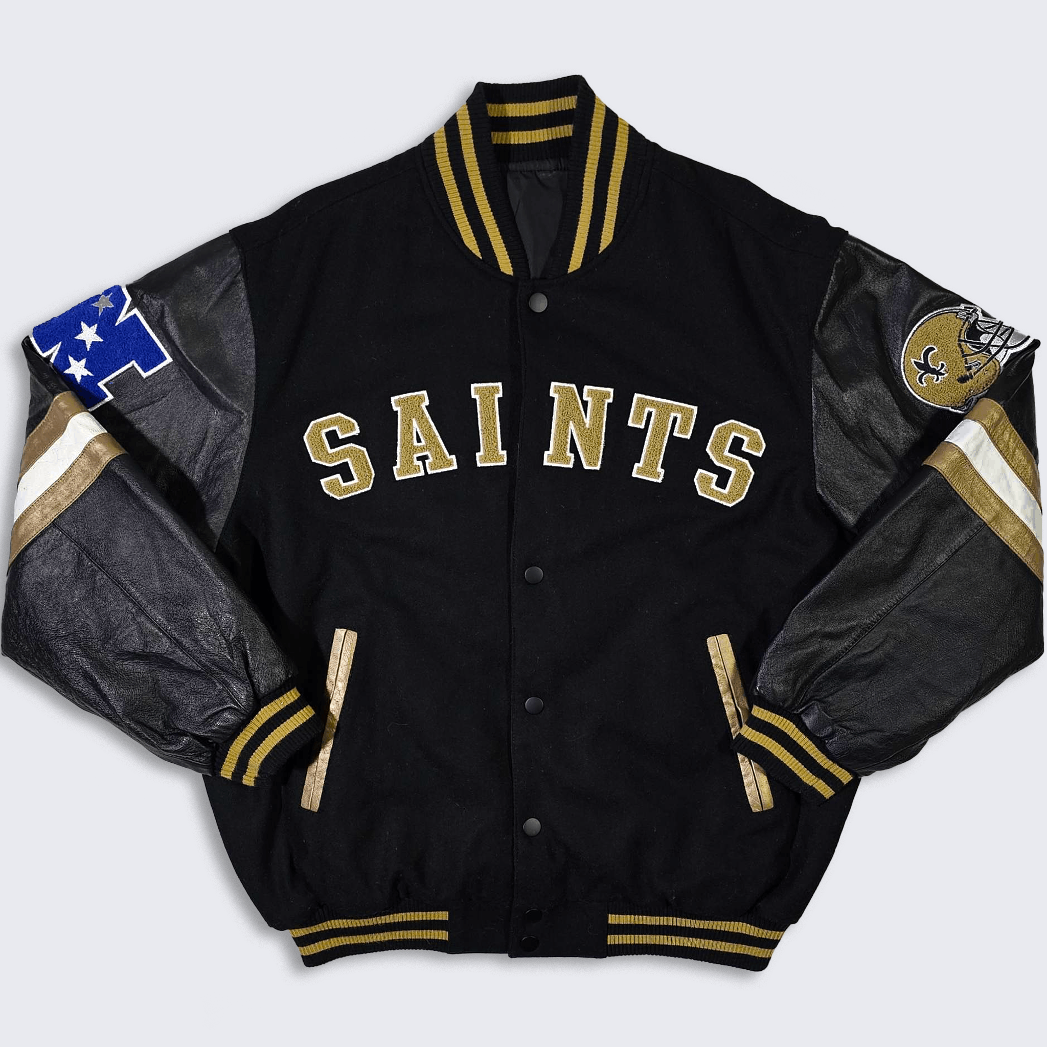 image of Bomber Jacket x Nfl New Orleans Saints Vintage Reversible Varsity Jacket in Black Gold (Size XL)