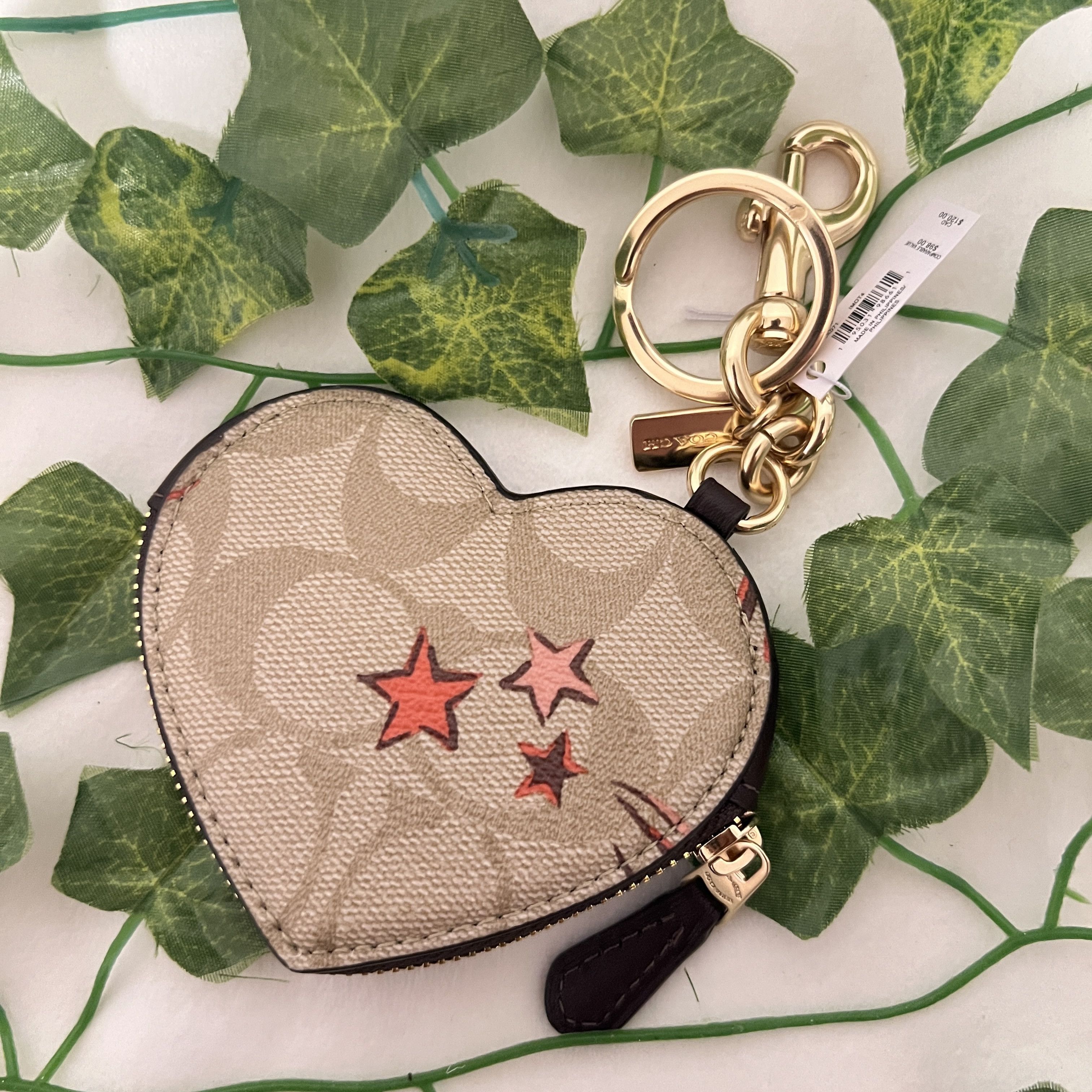 Coach Heart Pouch Bag Charm In Signature sale Canvas With Heart And Star Print ck071