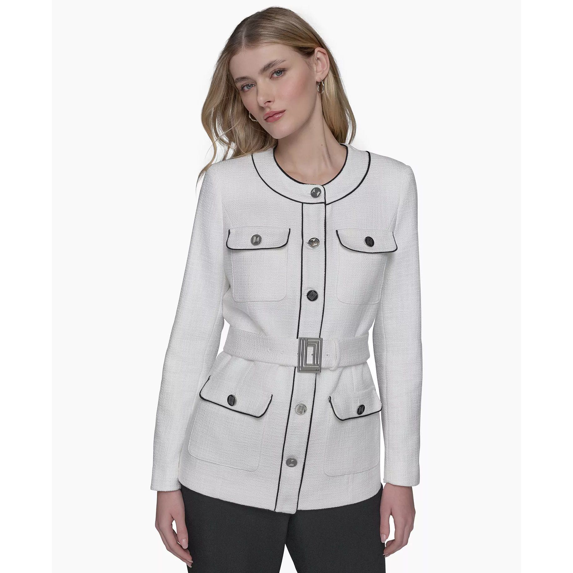 Karl Lagerfeld KARL LAGERFELD PARIS Womens Belted Contrast Tweed Jacket Size M / US 6-8 / IT 42-44 - 1 Thumbnail