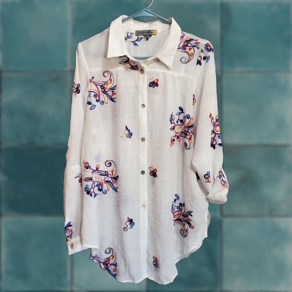 Vintage Figueroa & Flower Women Top XL White Sheer Embroidered Button Up Boho Shirt Size XL / US 12-14 / IT 48-50 - 1 Thumbnail