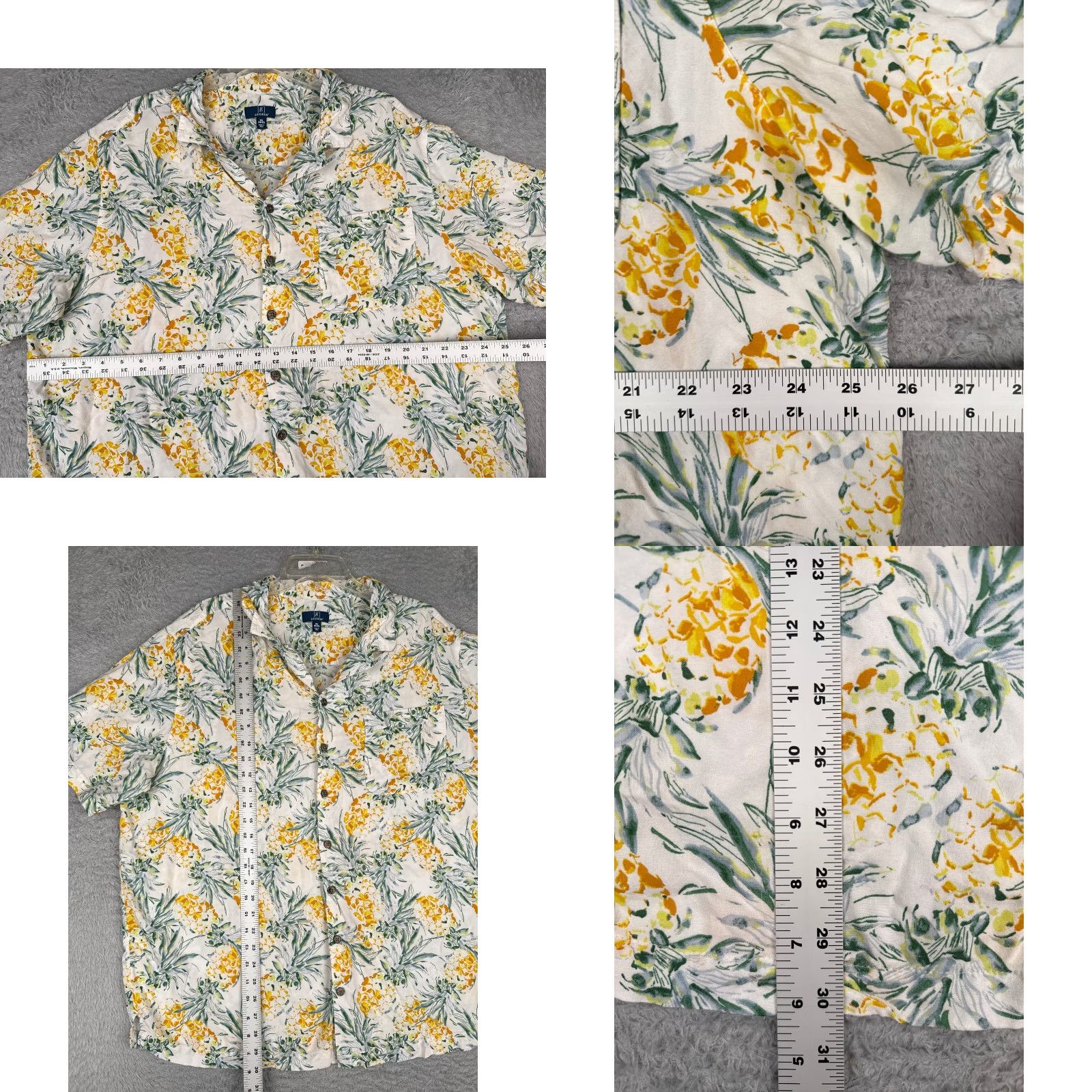 George George Shirt Men 2XL White Yellow Green Pineapple Hawaiian 100% Rayon Button-Up Collared Short Sleeve Floral All Seasons Breathable Pockets Mens Size US XXL / EU 58 / 5 - 8 Thumbnail