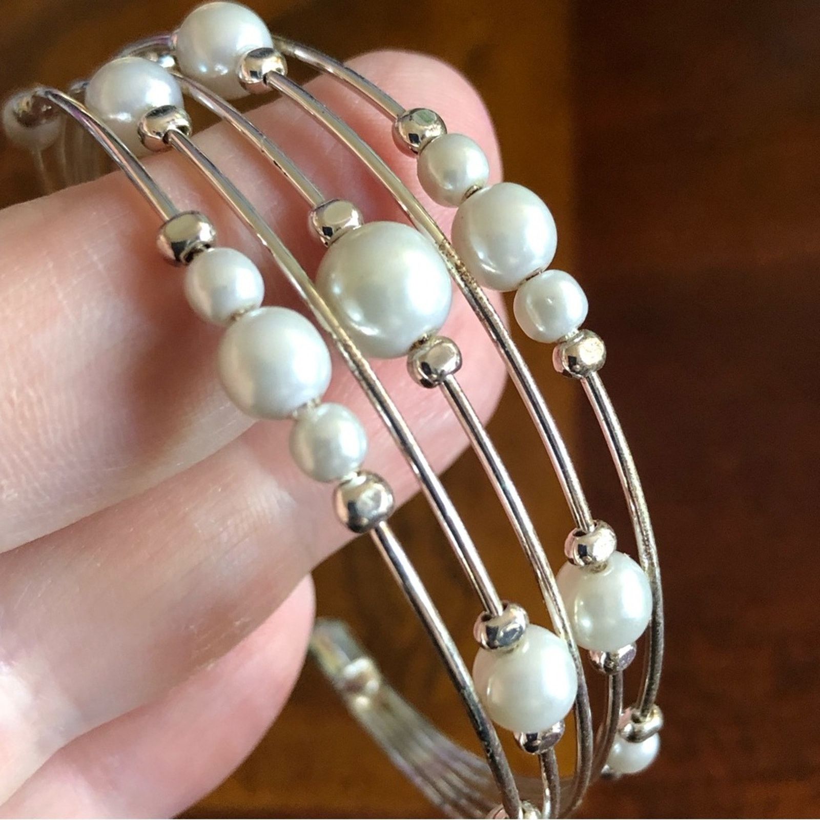 Jewelry Silver plated multi strand wired faux Pearl cuff bracelet Size ONE SIZE - 5 Thumbnail