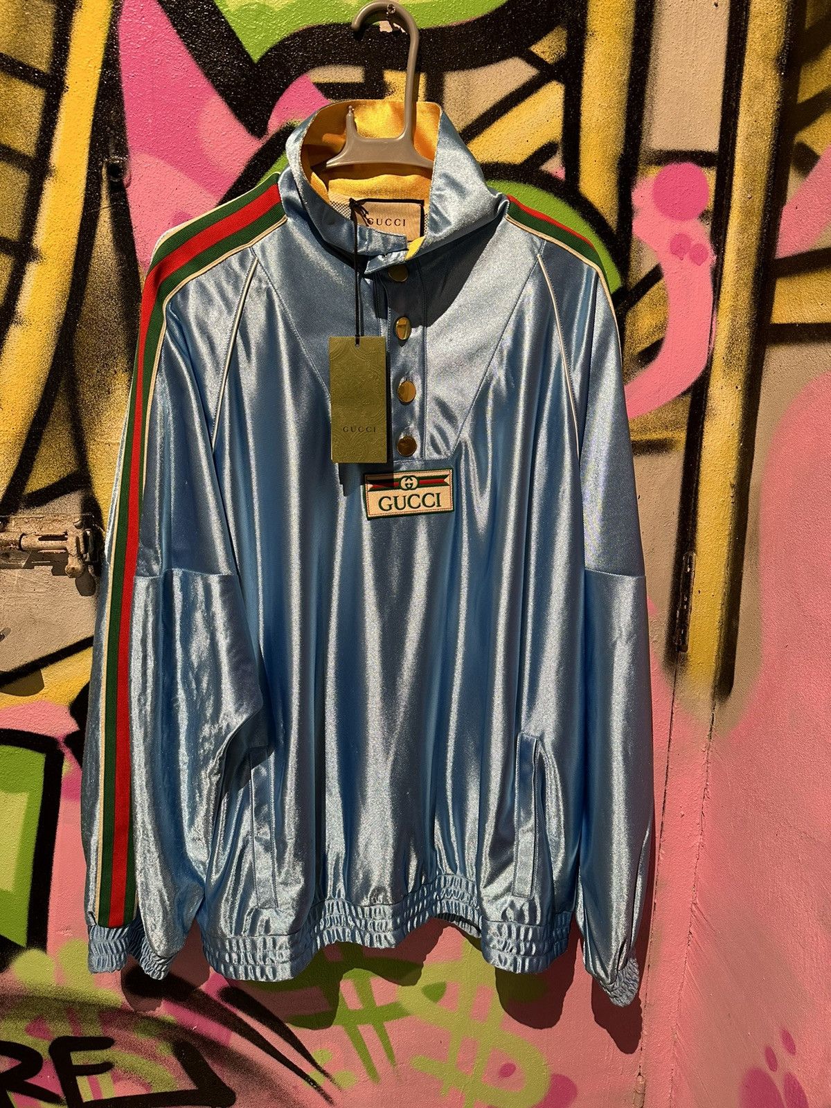 image of Gucci Web Stripe Shiny Jersey Track Top in Blue, Men's (Size 2XL)