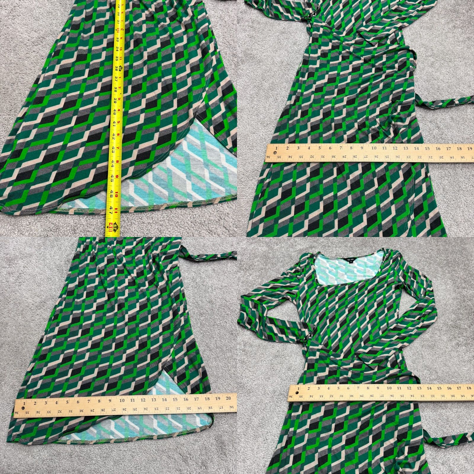 Vintage Saint + Sofia Geometric Chevron Midi Wrap Dress Womens 4 Green Asymmetric Hem Long Sleeve Square Neck Belted Dress Wrap Size S / US 4 / IT 40 - 9 Thumbnail