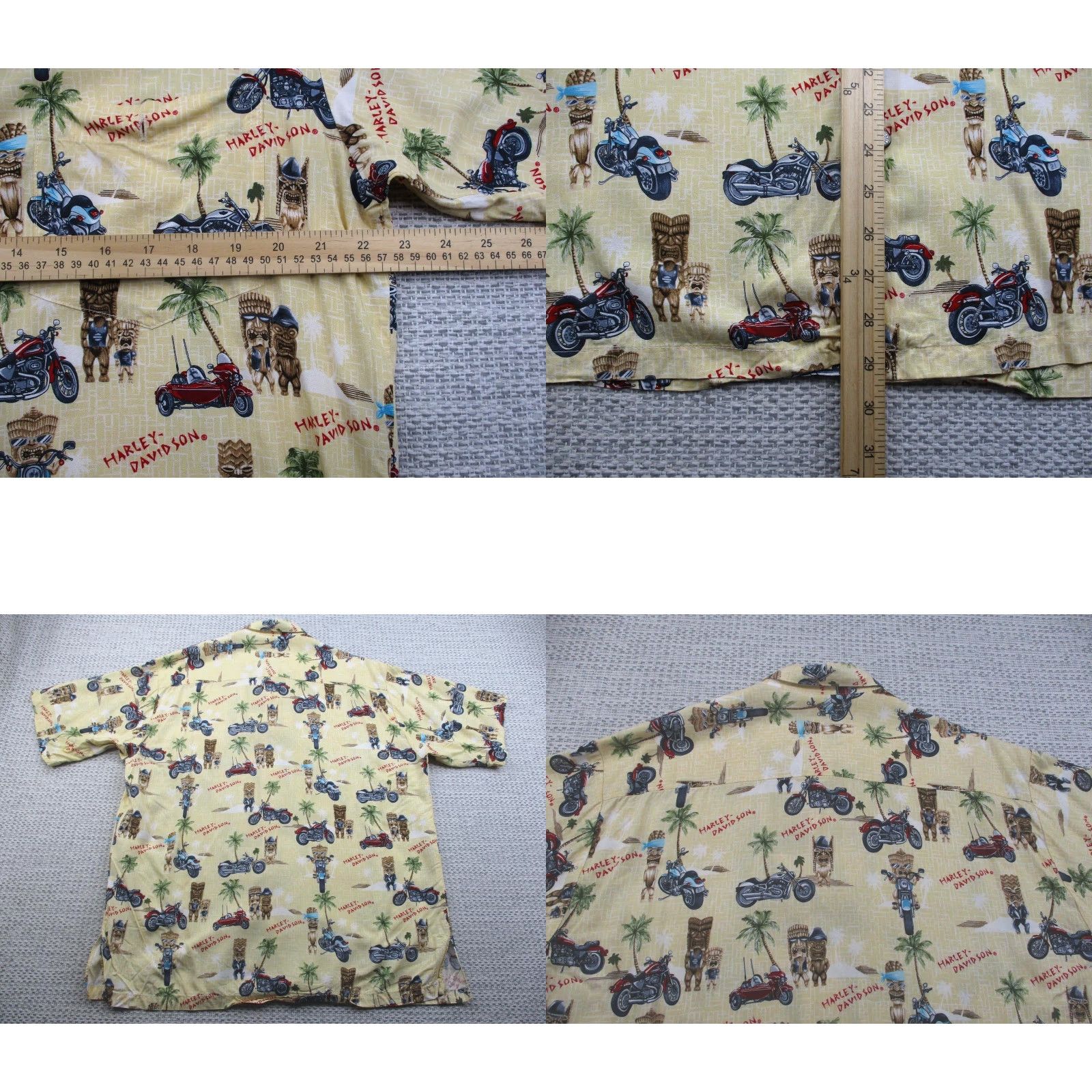 Harley Davidson Harley-Davidson Shirt Mens M Hawaiian Tiki Motorcycle Palm Tree Aloha Rayon USA Yellow Graphic Print Casual VintageSummer 70s? Size US M / EU 48-50 / 2 - 8 Thumbnail
