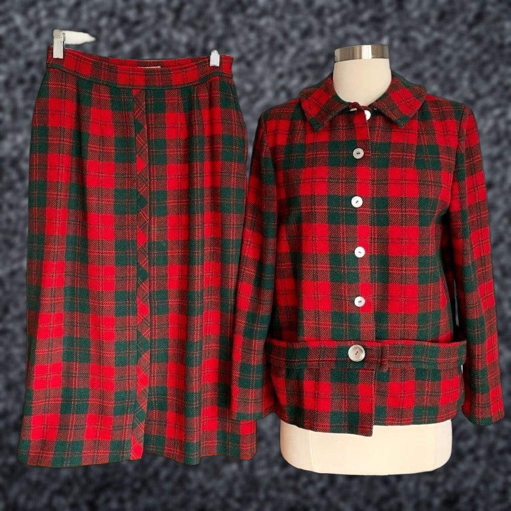 Vintage VINTAGE Koret of California SF Tartan Plaid Wool Jacket Skirt Suit Red Green S/M 1970s Mod/GoGo N/A Size 28" / US 6 / IT 42 - 1 Thumbnail
