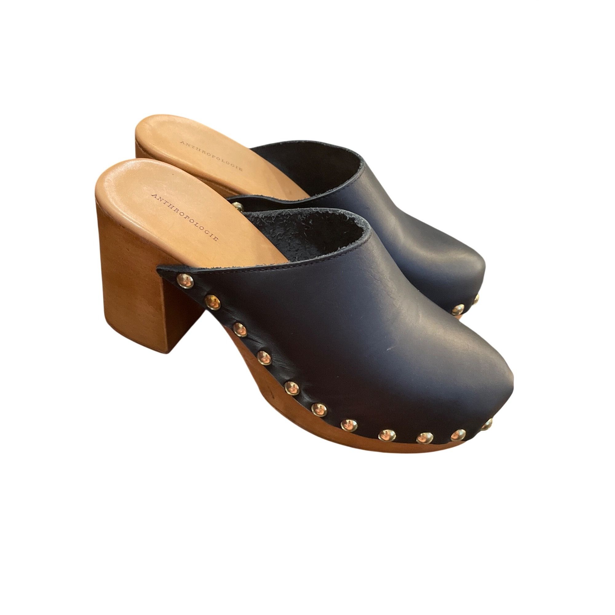 Anthropologie Anthropologie wms black leather 3.5" block heeled clogs shoe Size US 9.5 / IT 39.5 - 13 Thumbnail