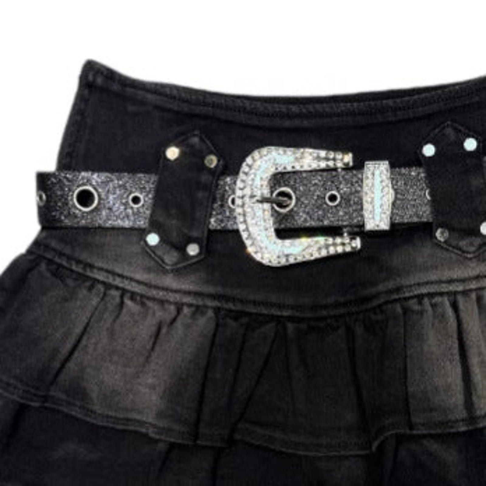 Jean Black Ruffled Mini Skirt with Rhinestone Buckle Belt Size 32" / US 10 / IT 46 - 2 Thumbnail