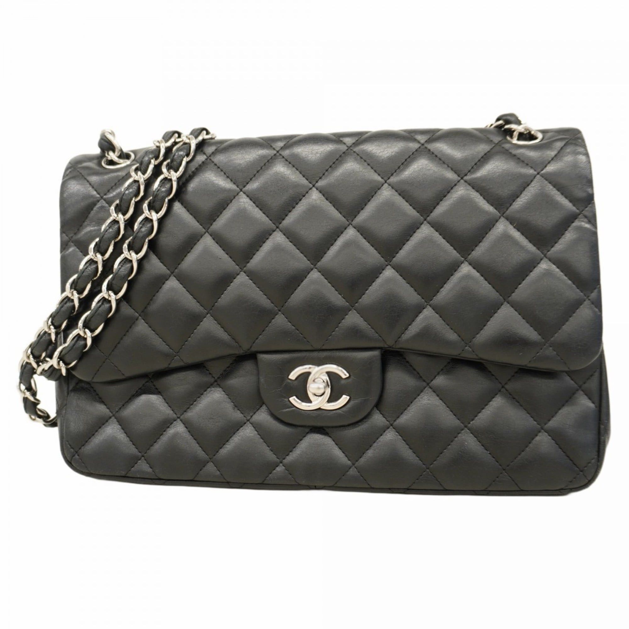 Chanel Shoulder Bag Deka Matelasse Double Flap Chain Lambskin Black Women's