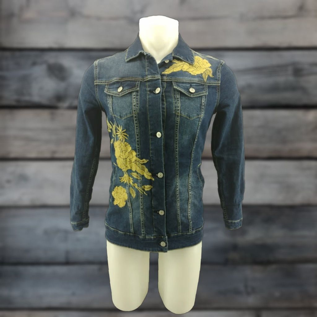 Vintage Lularoe SMALL Blue Denim Jean Jacket Embroidered Yellow Floral Denim Women Jacket XXS? Size 28" / US 6 / IT 42 - 1 Thumbnail