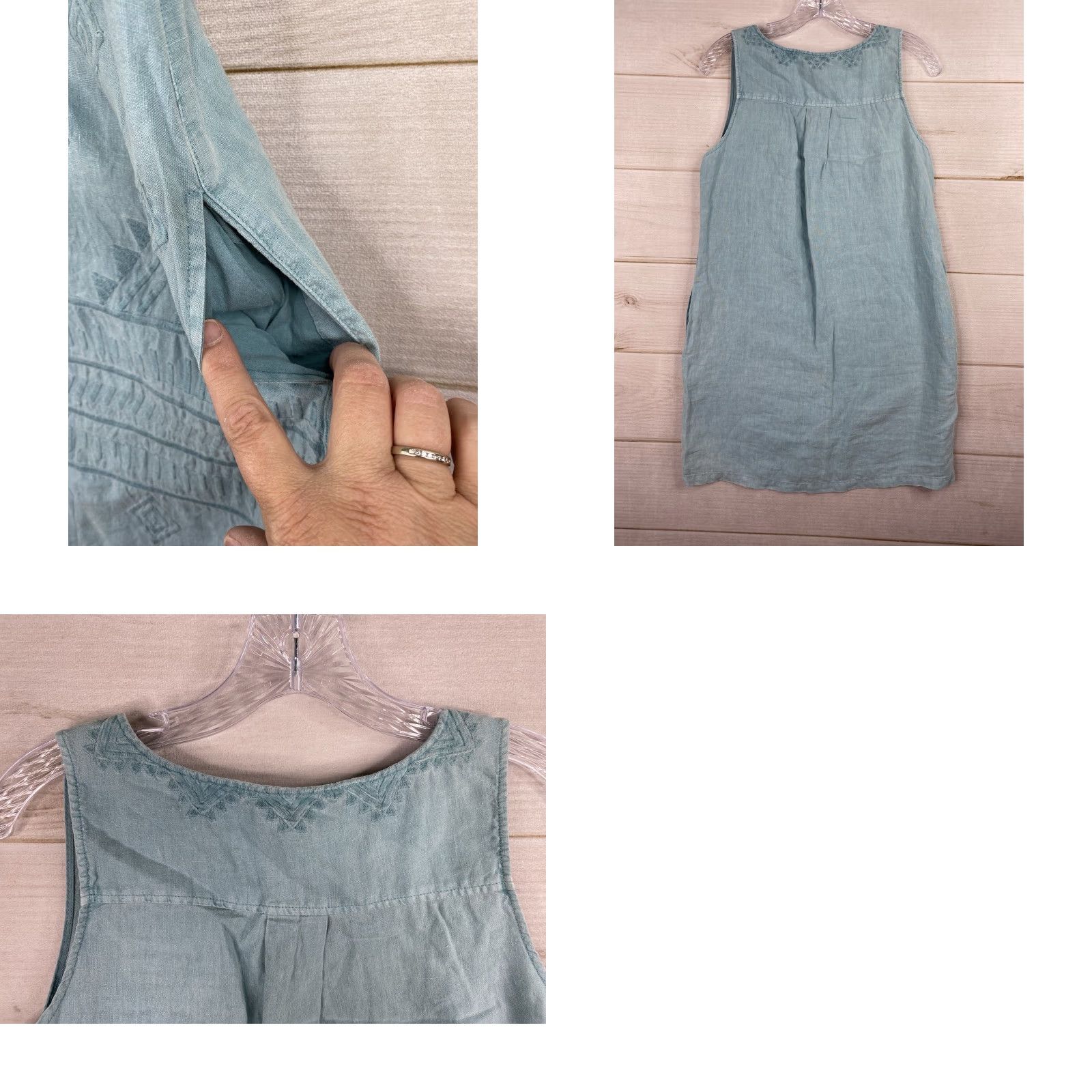 Vintage VINTAGE Artisan NY Dress S Blue Midi Slip 100% Linen Sleeveless Embroidered Pockets Boho Size S / US 4 / IT 40 - 8 Thumbnail
