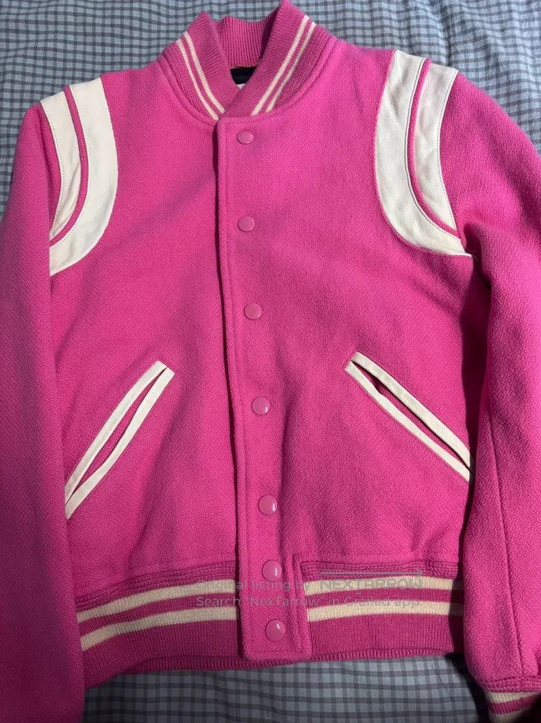 Saint Laurent Paris Saint Laurent Paris Pink Leather Trim Baseball Jacket Size XS / US 0-2 / IT 36-38 - 1 Thumbnail