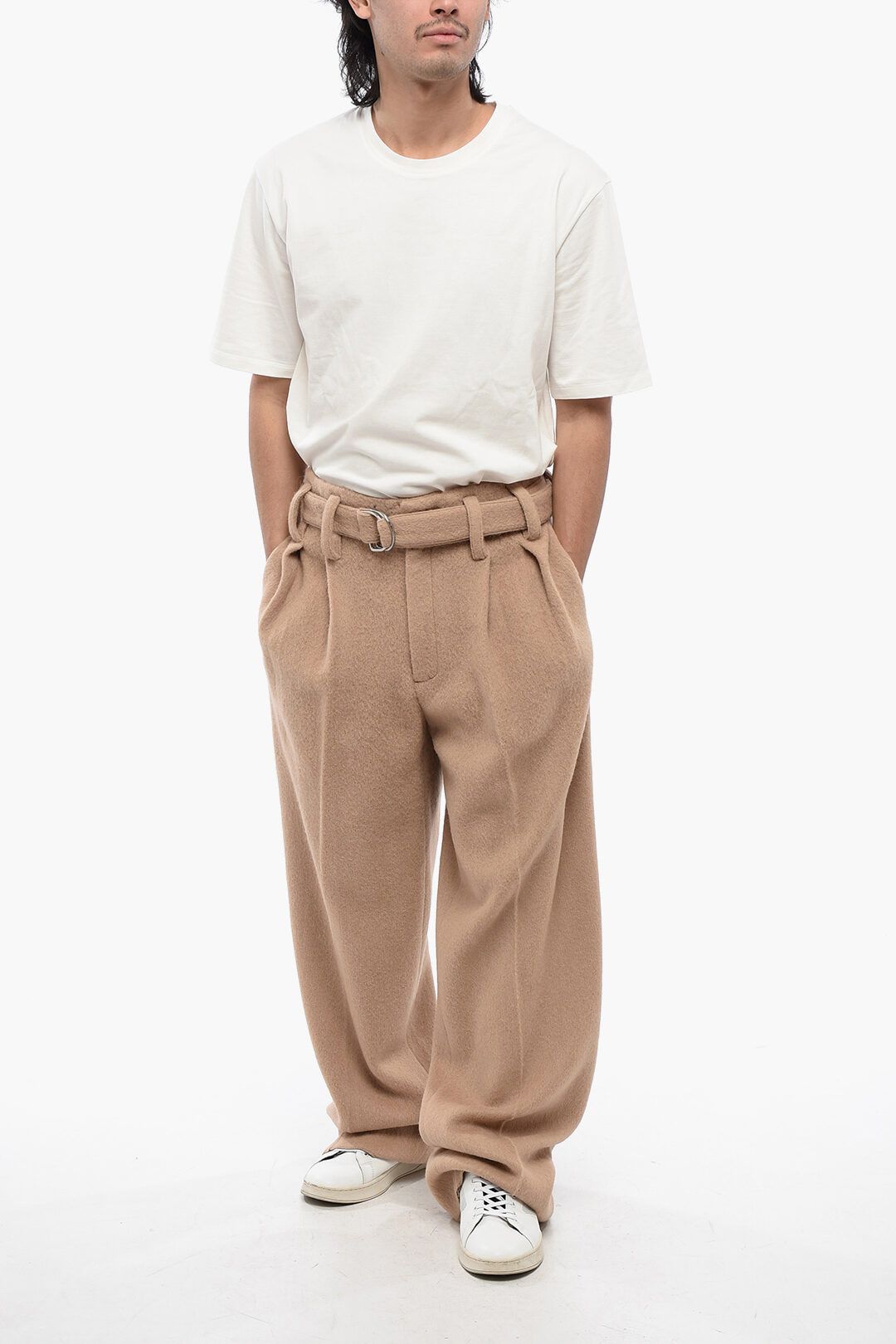 Jil Sander og1mm0625 Pleated Belted Wool Pant in Beige Size US 32 / EU 48 - 4 Thumbnail