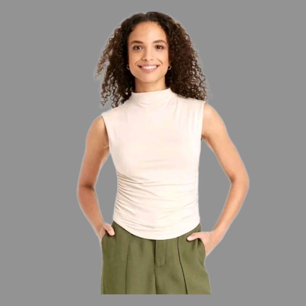 Vintage A New Day T-Shirt Shirt Womens Medium Cream Lined Stretch Ruched Mock Neck Short Sleeve Side Ruched Casual Size M / US 6-8 / IT 42-44 - 1 Thumbnail