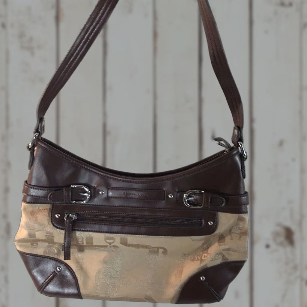 Etienne Aigner VINTAGE Etienne Aigner Womens Shoulder Bag Leather Gold Fabric Multi Pockets Casual Travel Medium Brown Size ONE SIZE - 1 Thumbnail