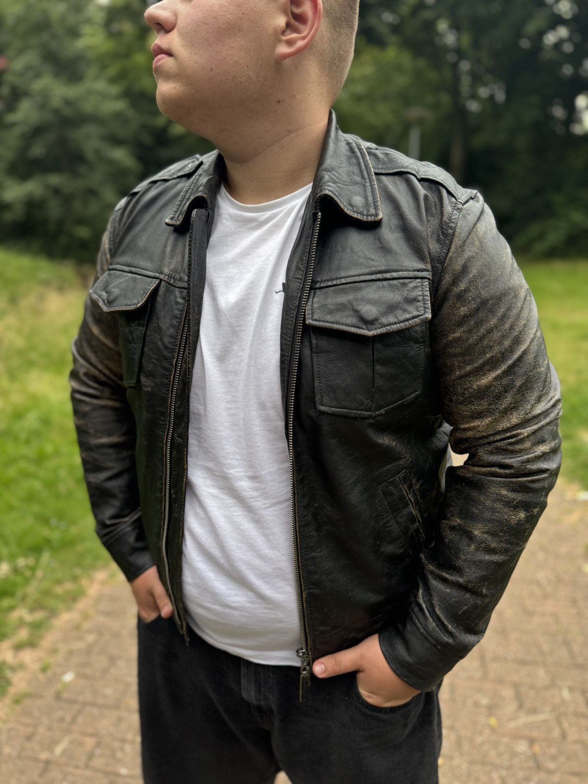 Armani Exchange Armani Jeans Black Leather Jacket – Distressed Look Size US L / EU 52-54 / 3 - 1 Thumbnail