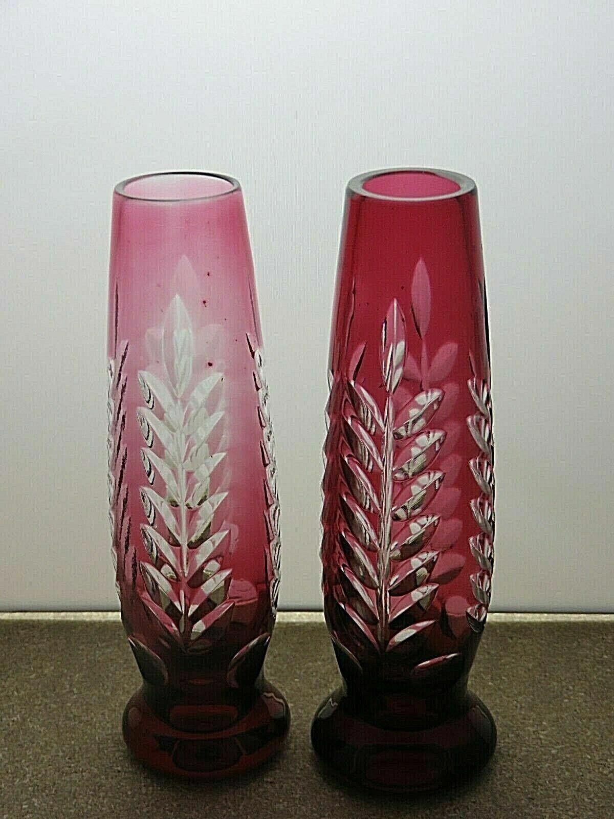 The Unbranded Brand Cut Glass Ruby Red Crystal Set Of 2 Vases 7" Size ONE SIZE - 3 Thumbnail