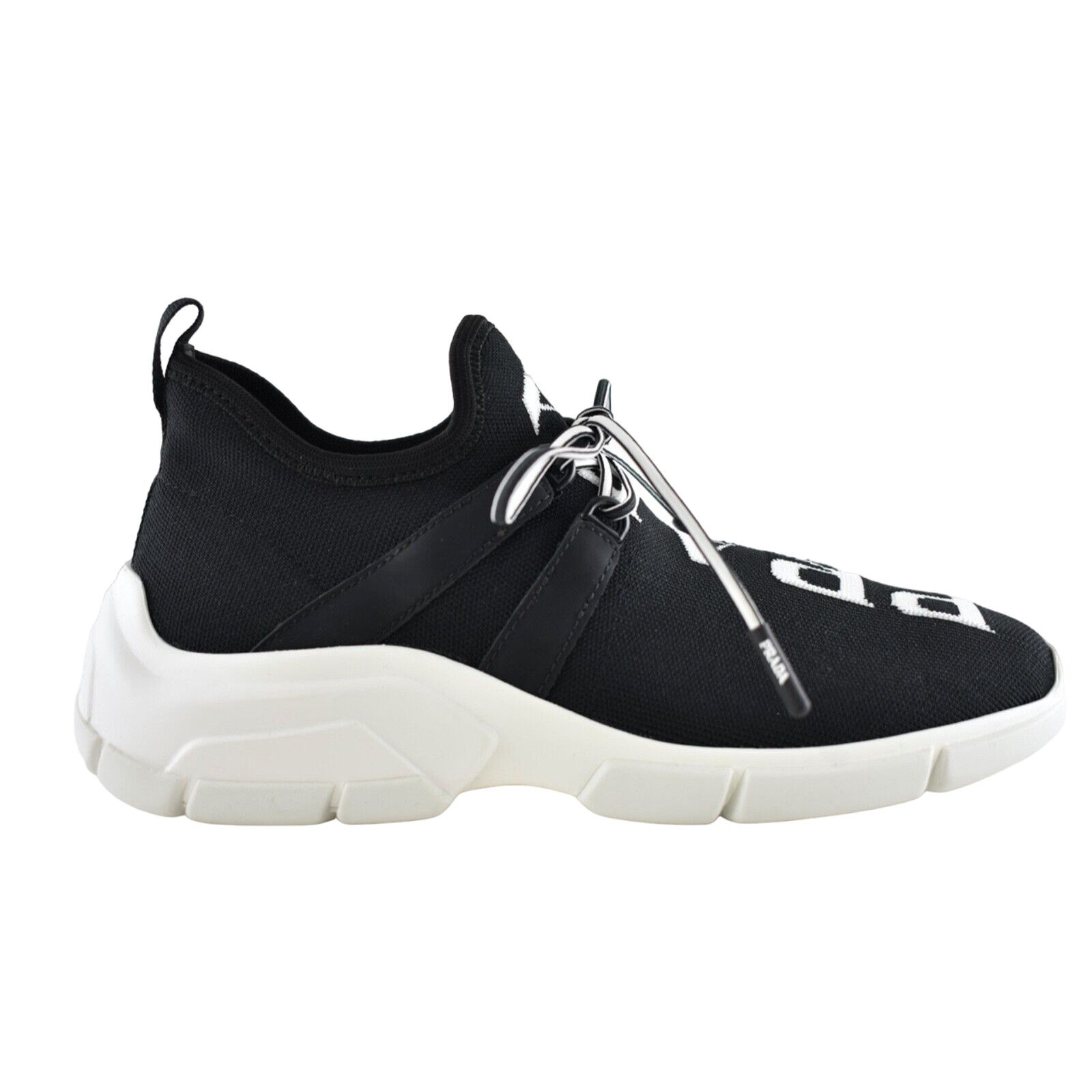 Prada Prada Logo Sock Black White Knit Flat Tie Pull On Sneaker 35 Size US 5 / IT 35 - 1 Thumbnail