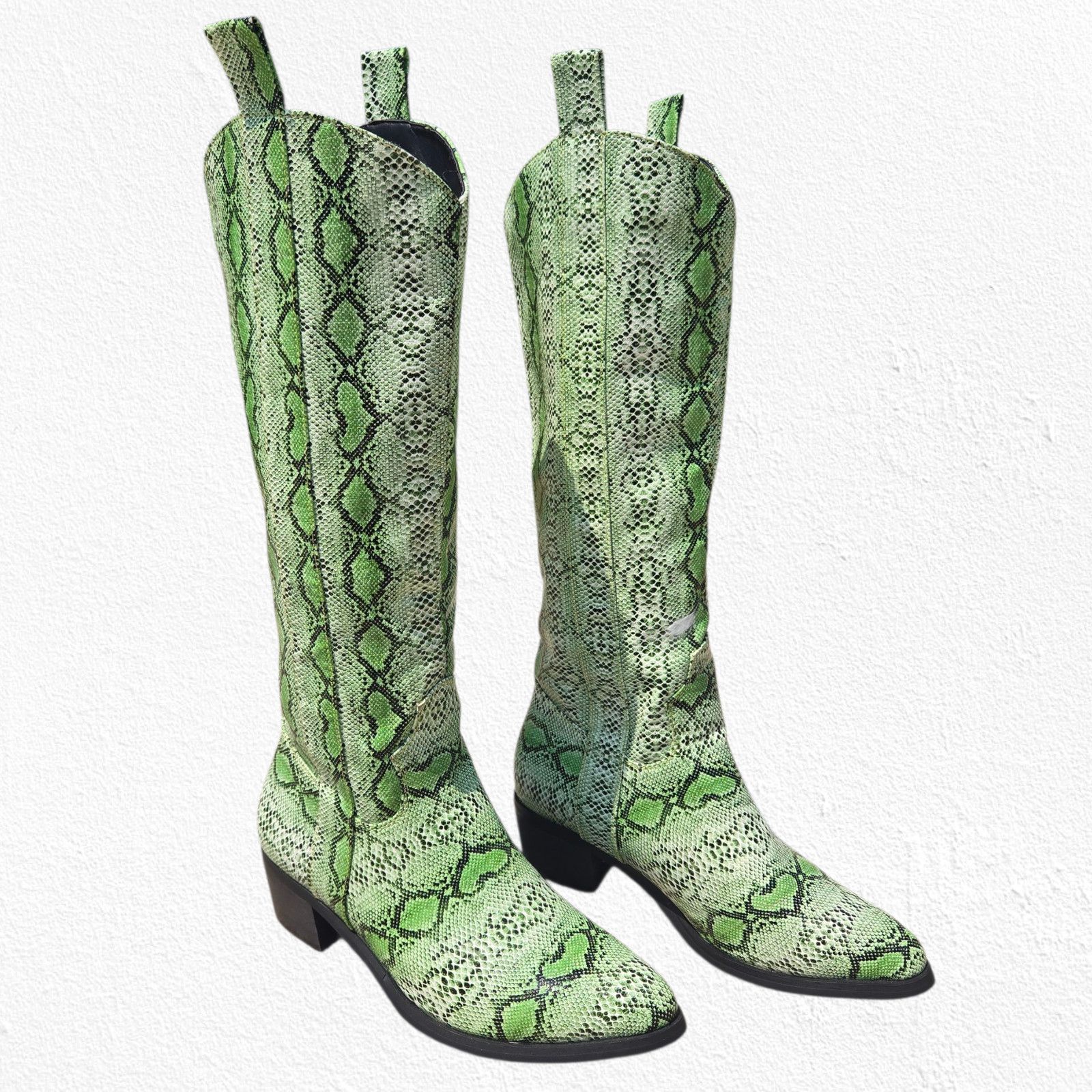 Nasty Gal Bright Green Snake Print Cowboy Boots Size UK