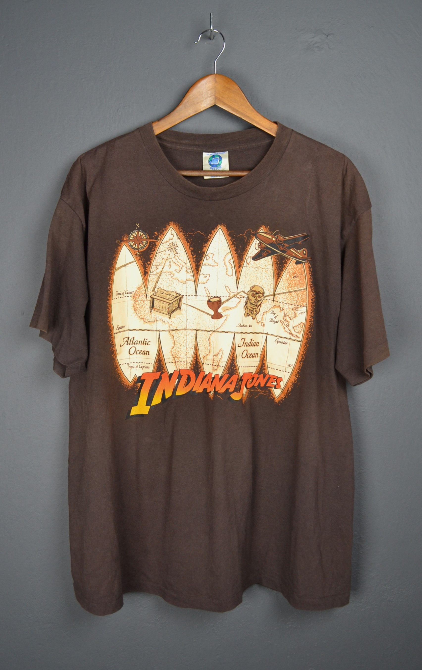 Band Tees Indiana Jones Single Stitch Map 90s AOP Brown Shirt XL Size US XL / EU 56 / 4 - 1 Thumbnail