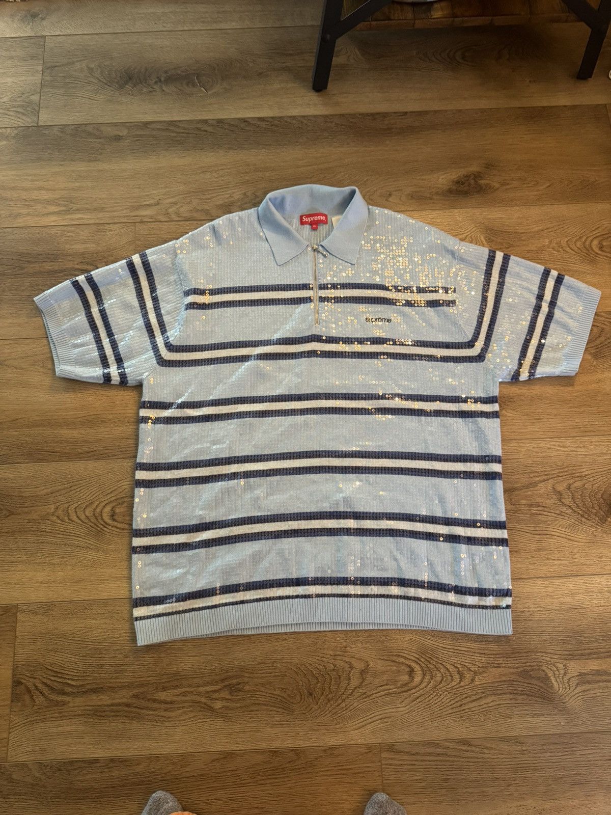 Streetwear × Supreme Supreme Sequin Stripe Zip Polo Blue Streetwear × Supreme Supreme Sequin Stripe Zip Polo Blue