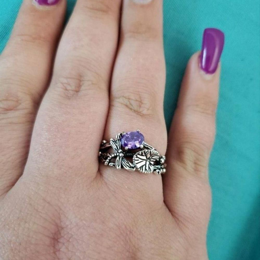 Designer Retro Vintage Leaf Dragonfly Purple Crystal Silver Ring Size ONE SIZE - 6 Thumbnail