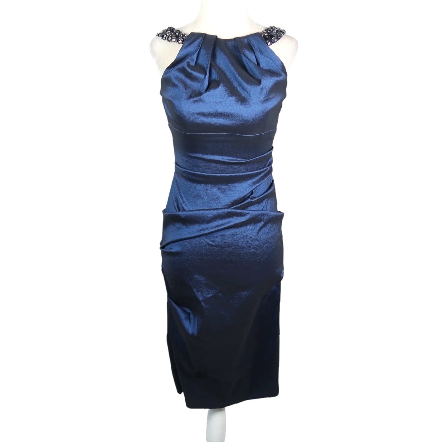Vintage VINTAGE 90s Xscape Navy Blue Shiny Ruched Dress Cocktail Beaded Rhinestone Sequin Halter Knee Length Zip Front Back Womens Size 4 Size S / US 4 / IT 40 - 2 Thumbnail