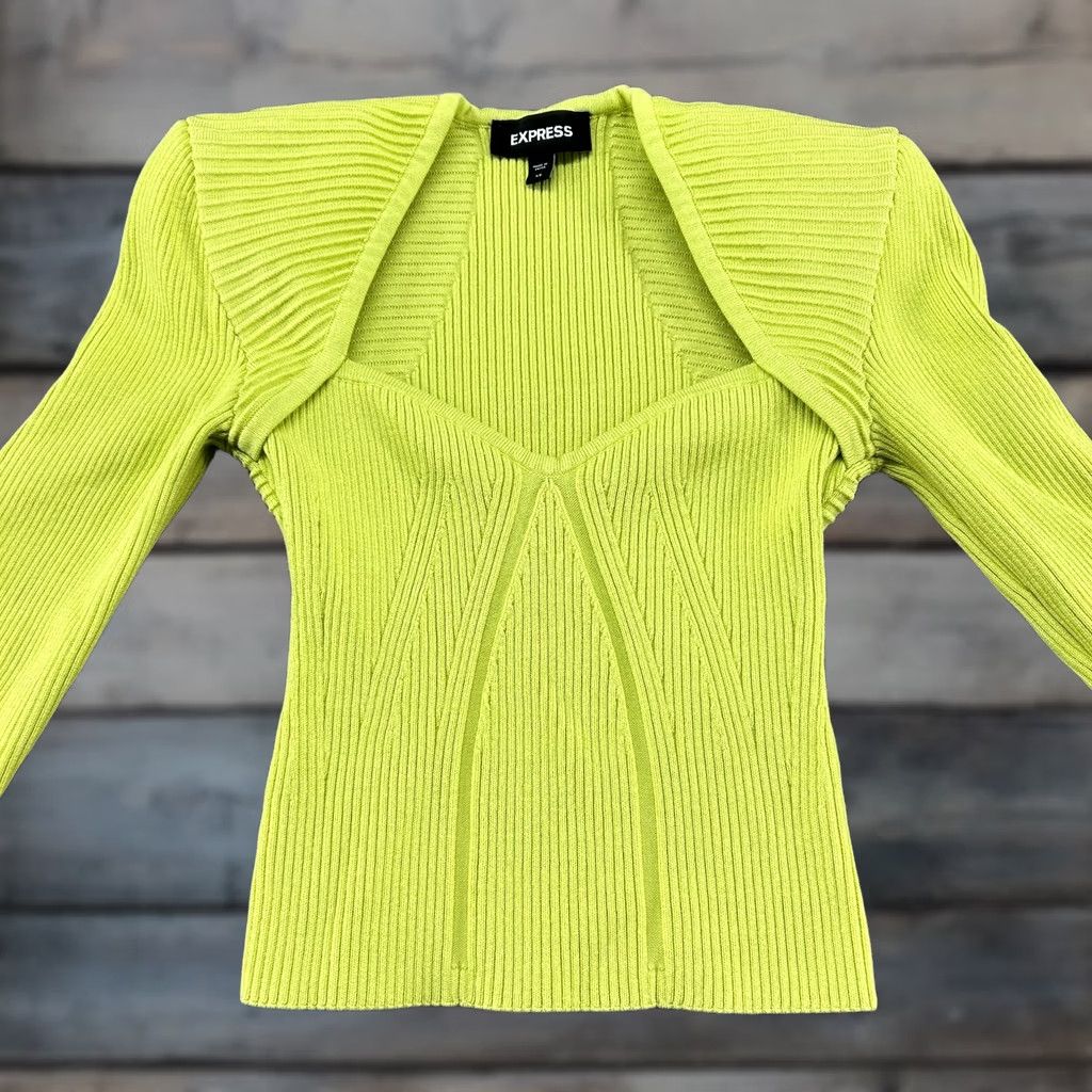 Express VINTAGE Express Top Womens XS Green Long Sleeve Ribbed Knit Padded Contour Y2K Size XS / US 0-2 / IT 36-38 - 1 Thumbnail