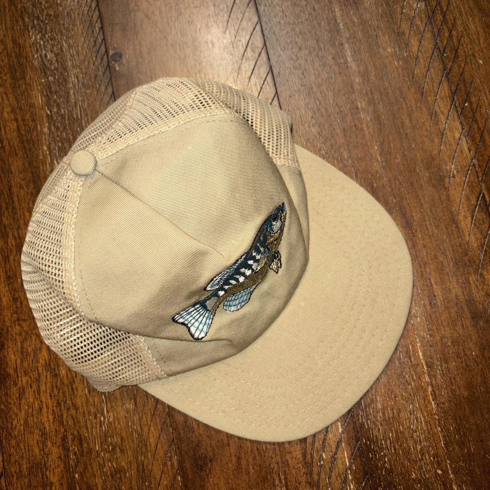 Vintage Vtg Fish Hat Cap Snap Back Beige Mesh Trucker 80s Fishing Size ONE SIZE - 4 Thumbnail
