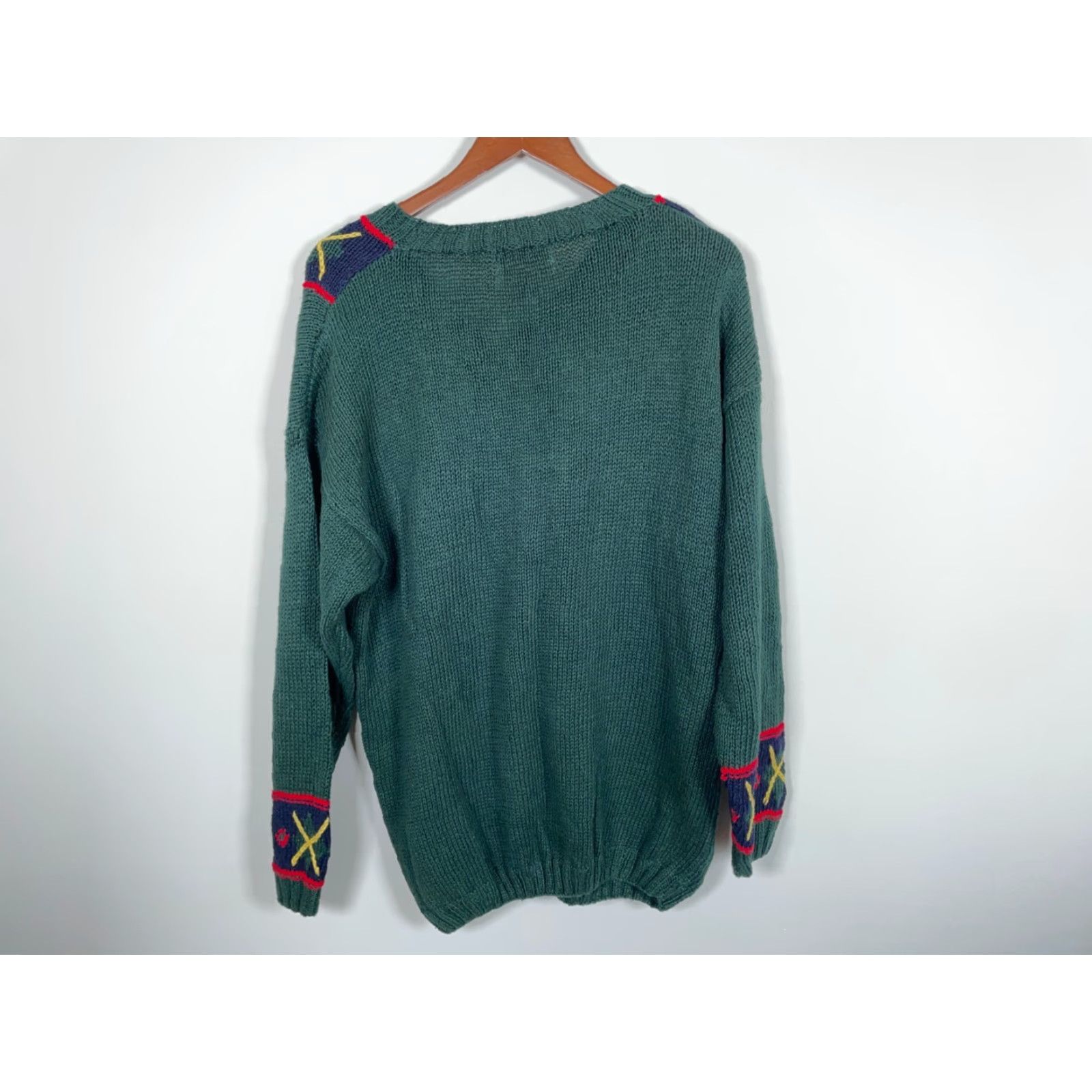 Vintage VINTAGE HG Preferred Hand Knit V-Neck Sweater Women Large Dark Green Geometric Tennis Style 90s Retro Pullover Heavyweight Cotton Blend Womens Size L / US 10 / IT 46 - 2 Thumbnail