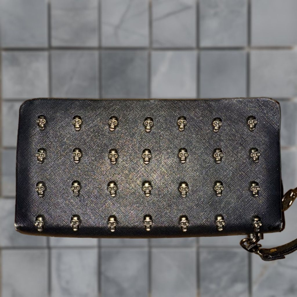 Vintage Thomas Wylde Womens Clutch Bag Medium Gray Aged Black Leather Skull Embellished Flap Geometric Pattern Handbag Size ONE SIZE - 1 Thumbnail