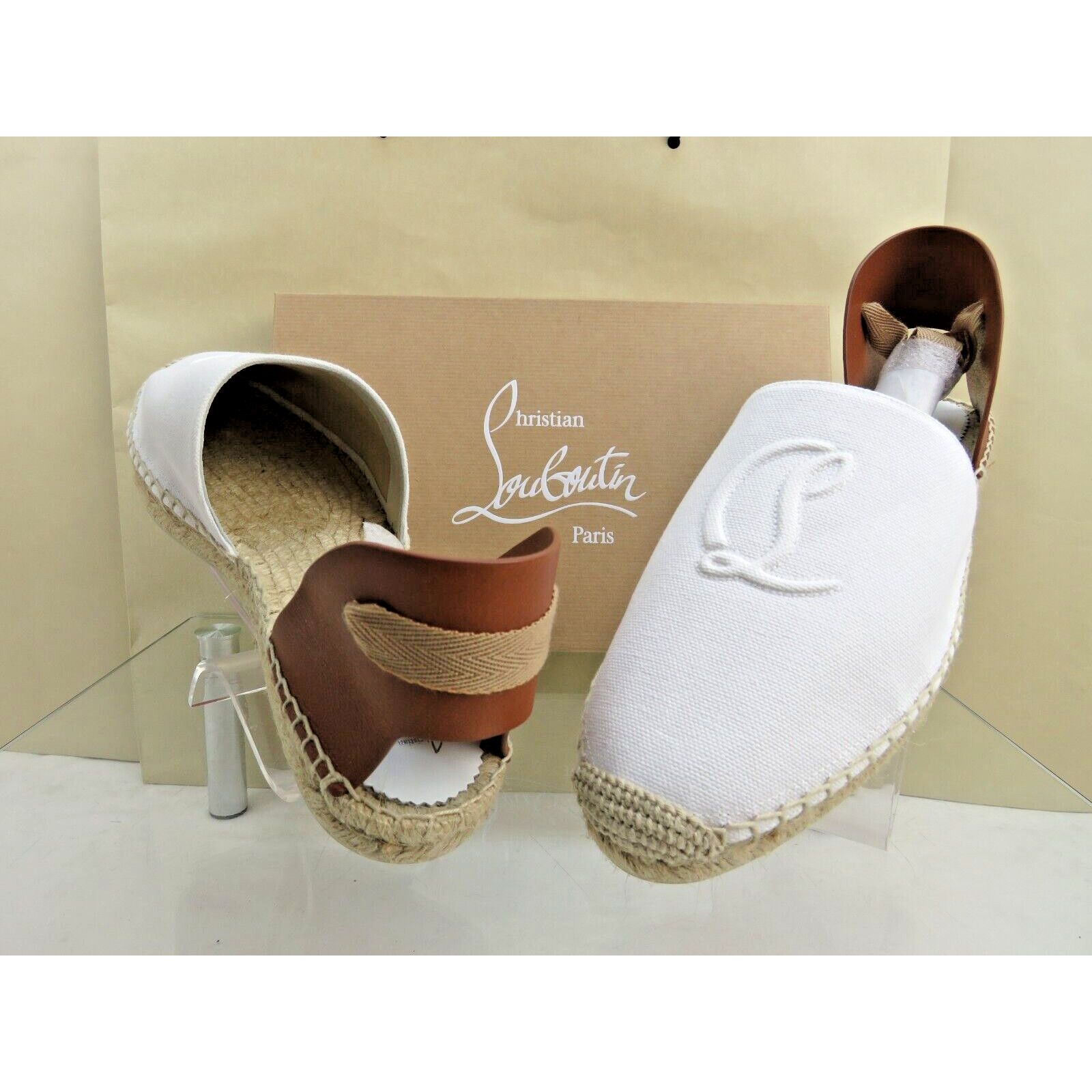 Christian Louboutin OUBOUTIN NANOU WHITE CANVAS LEATH CL LOGO TIE ESPADRILLES 39 Size US 9 / IT 39 - 6 Thumbnail