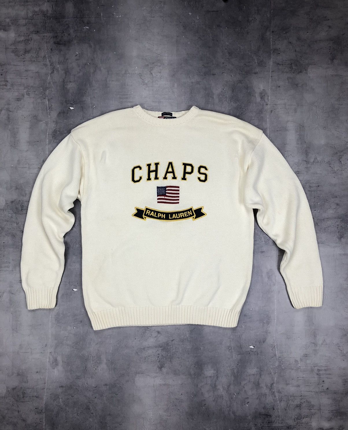 Chaps Ralph Lauren × Vintage Vintage Ralph Lauren Chaps USA Flag Big Logo Sweater Size US XL / EU 56 / 4 - 1 Thumbnail