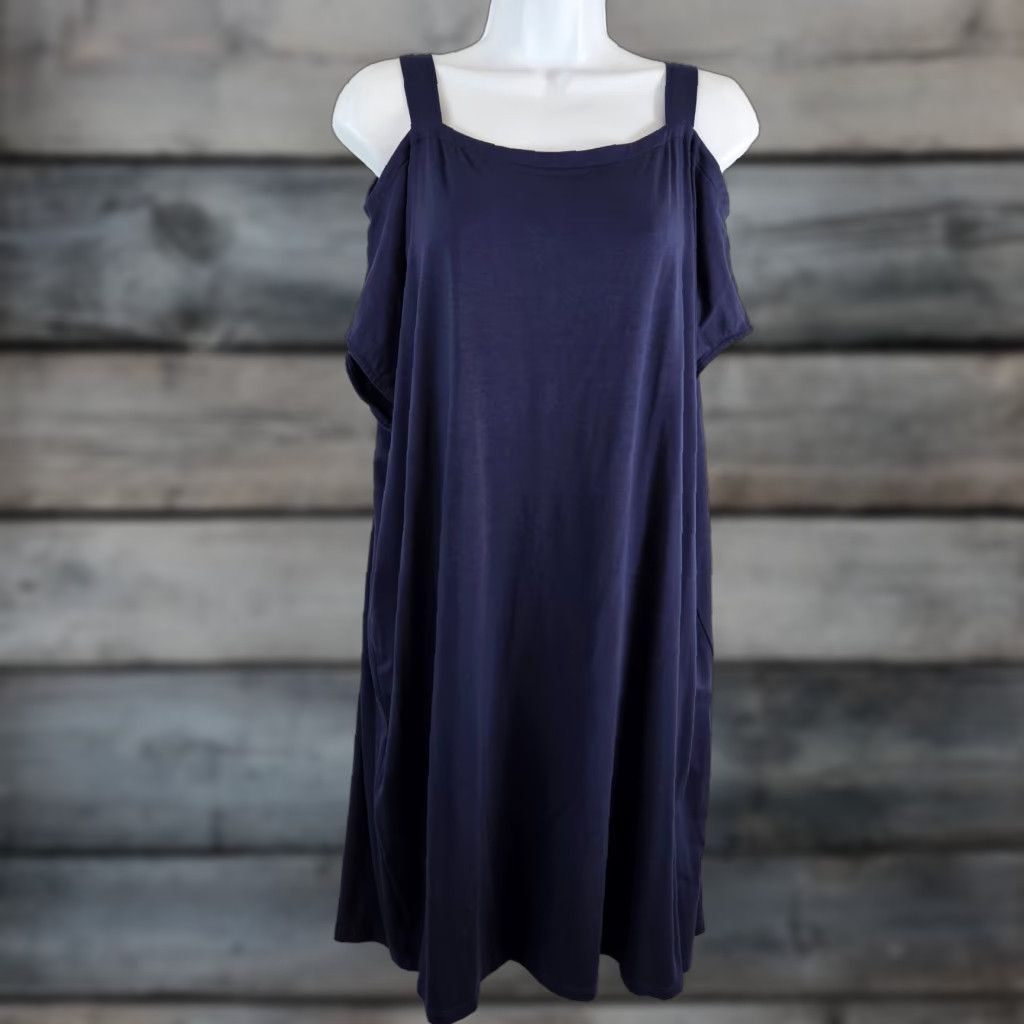 Eileen Fisher Eileen Fisher Womens Dress Short Sleeve Cold Shoulder Sz Large Blue Lyocell Spandex Shift Size 36" / US 14 / IT 50 - 1 Thumbnail