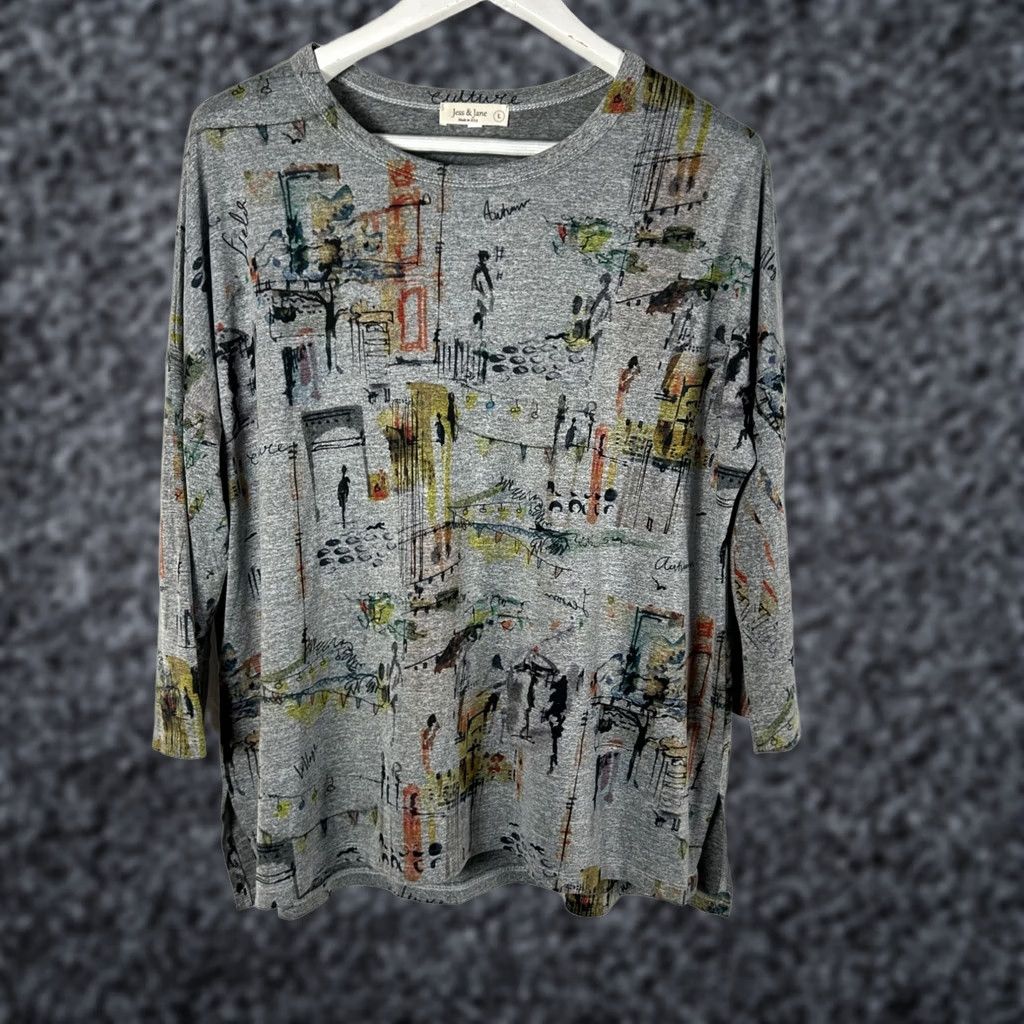 Vintage Jess & Jane Womens Heather Gray Graphic Print 3/4 Sleeve Top Large Stretch USA Made Size L / US 10 / IT 46 - 1 Thumbnail