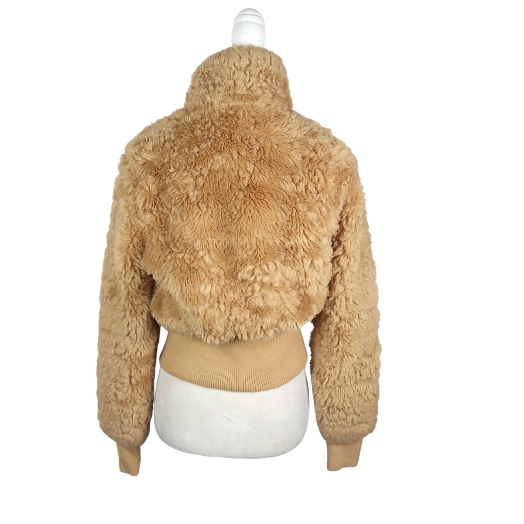 Vintage VINTAGE JouJou Tan Faux Fur Fluffy Bomber Jacket M Womens 90s Bohemian Zip Short Coat Casual 3/4 Sleeve - Length 20" Size M / US 6-8 / IT 42-44 - 4 Thumbnail