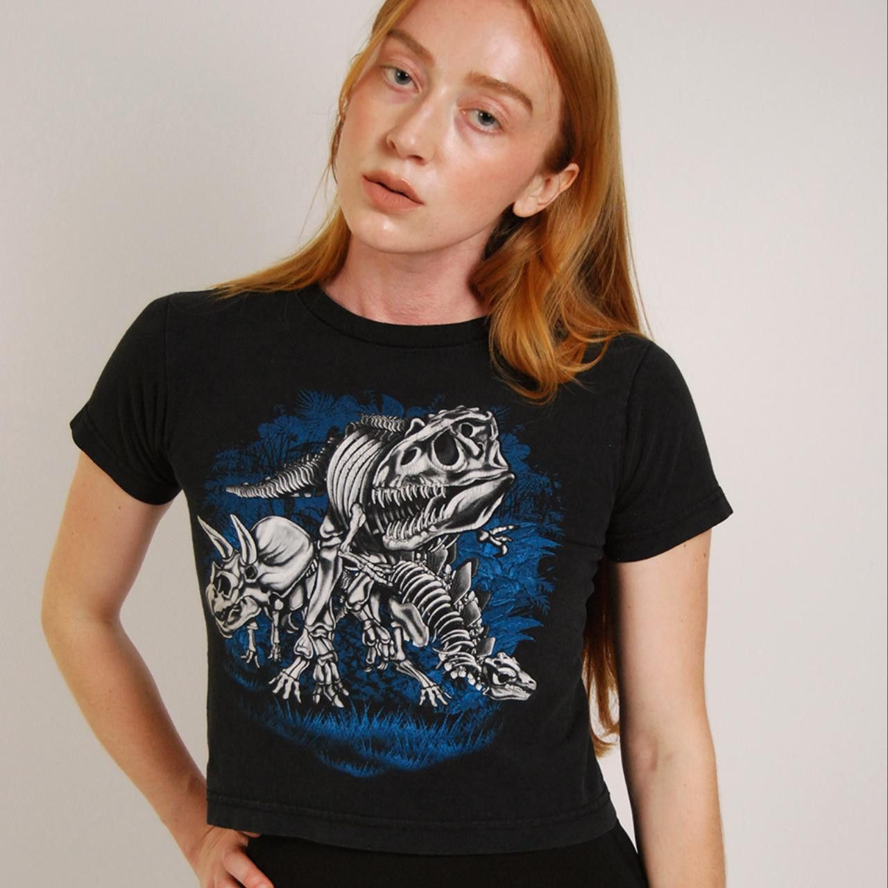 Vintage Dino Skeleton Baby Tee (XS) vintage y2k blue dinosaur top Size XS / US 0-2 / IT 36-38 - 4 Thumbnail