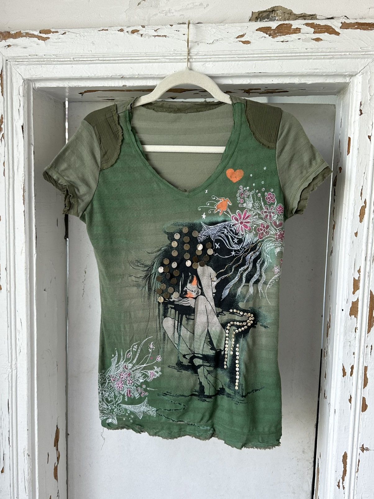 Vintage Vintage Distressed Printed Green T-shirt Size S / US 4 / IT 40 - 1 Thumbnail